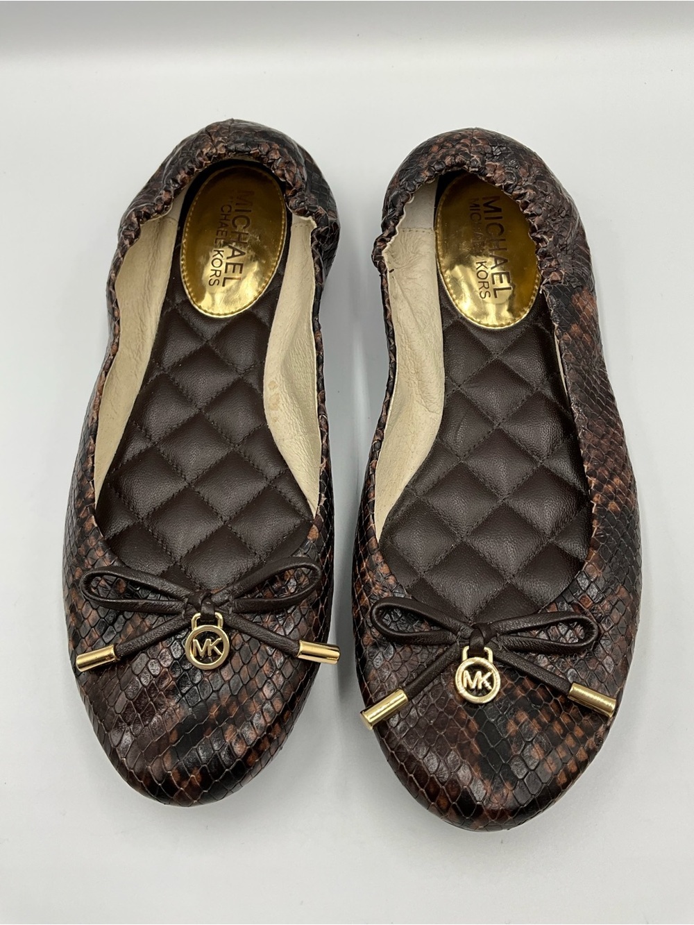 Michael Kors Flats Size 6.5 Brown Snakeskin-Print Ballet Flats with Gold Logo